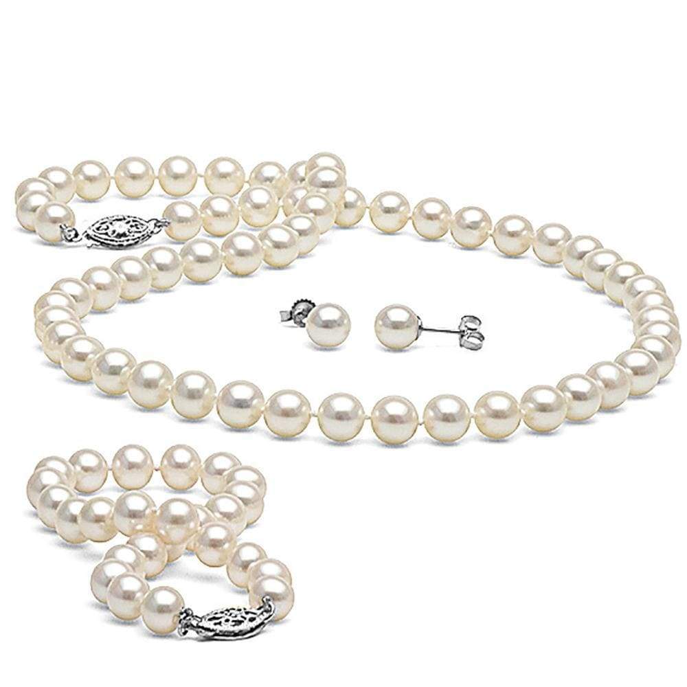 White Akoya Pearl and Diamond Cross Pendant and Earring Set, 7.0-7.5mm ...