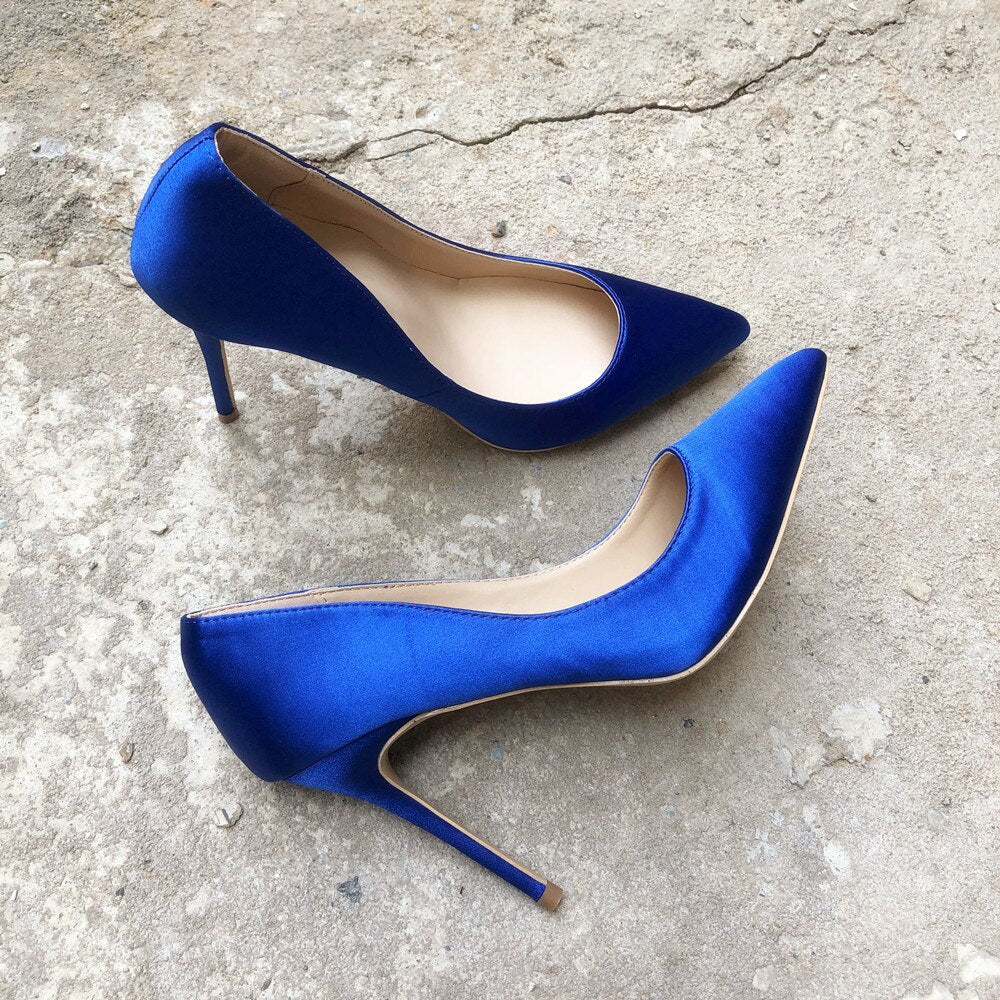 blue satin pumps