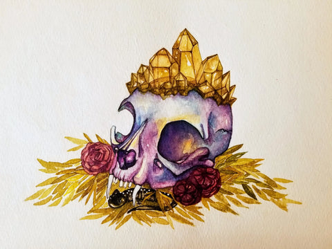 Watercolor of an animal skull with crystals, roses, and greenery.