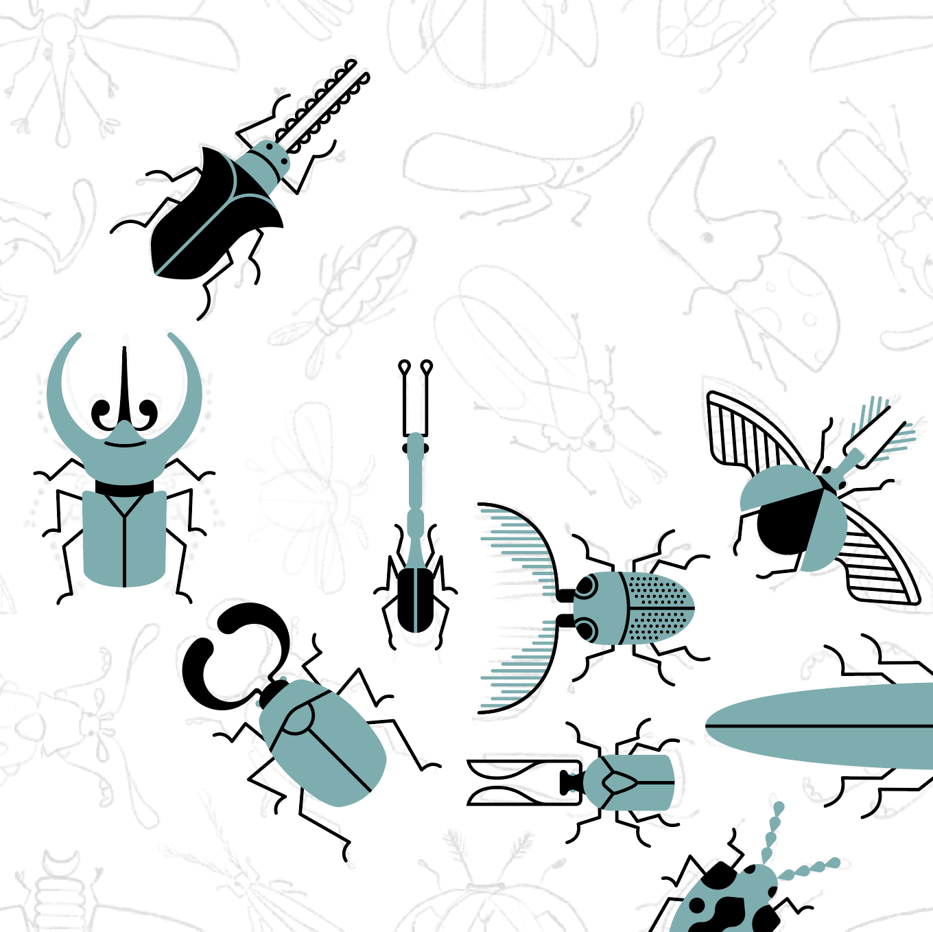 teal illustrated bugs