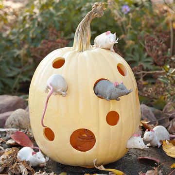 jack-o-lantern with swiss cheese holes and toy mice climbing
