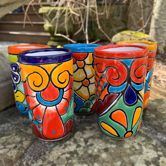 Beautiful Talavera tequileros- Mexican Talavera shot glass set of 2 and  lime tray - El Callejon Art