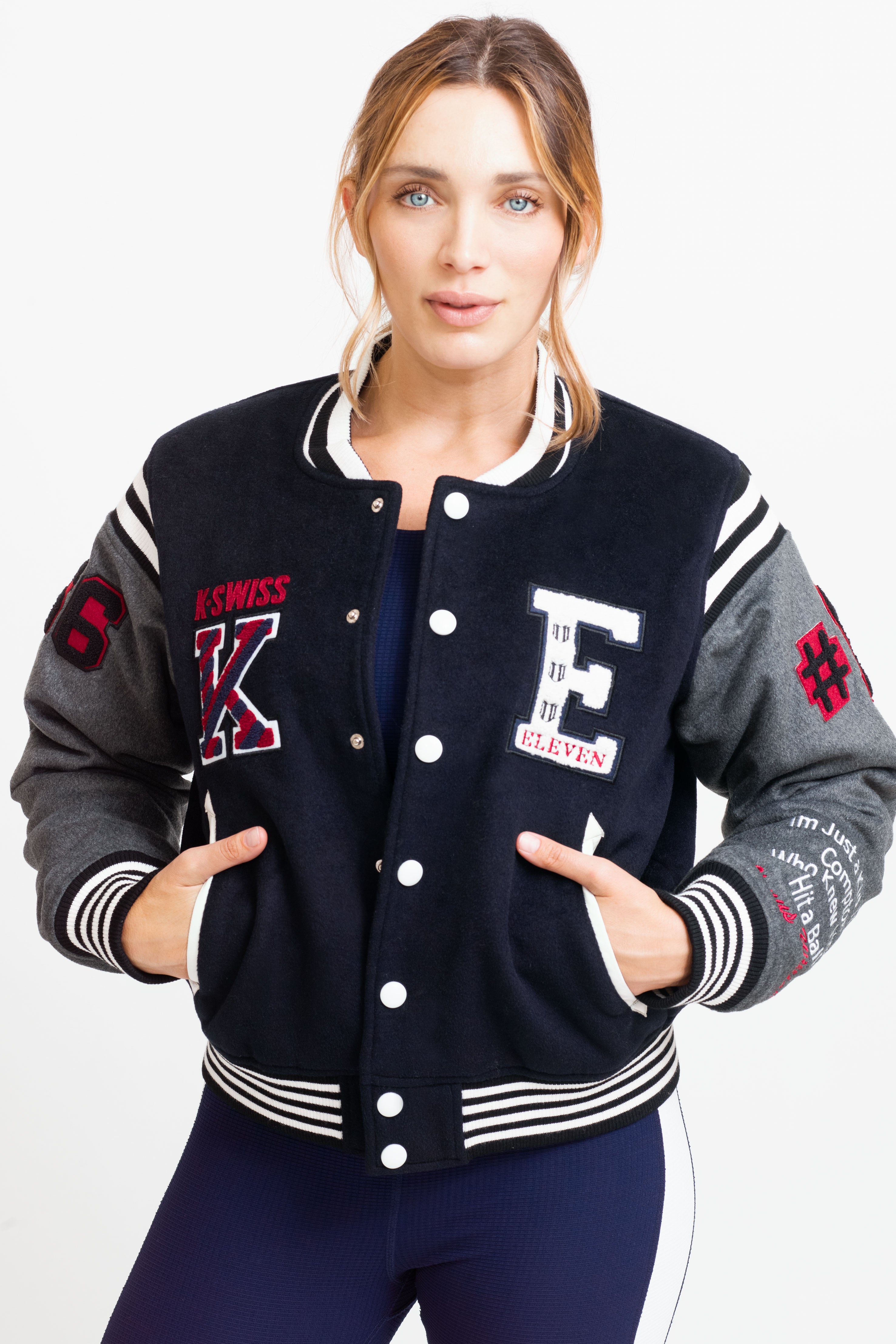 K-SWISS WOMENS A1 THE MVP VARSITY JACKET X ELEVEN BY VENUS WILLIAMS NAVY/GREY