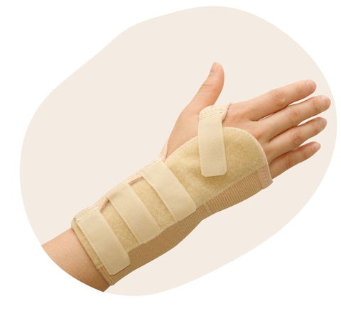 Close up of the arm of a person with arthritis wearing a beige wrist brace with Velcro straps