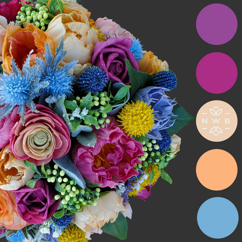 North Wood Blooms LLC Sola Wood Flower Bouquet Color Palette with Berry, Peach, Magenta, Coral Dusty Blue and Purple for a Rainbow effect with greenery