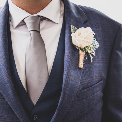 Wood Flower Boutonniere by North Wood Blooms on Groom Tux for Wedding Day