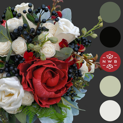 North Wood Blooms Sola Wood Flower Bouquet Color Scheme with Cardinal Red, Black, Grey, Olive, Sage and Ivory