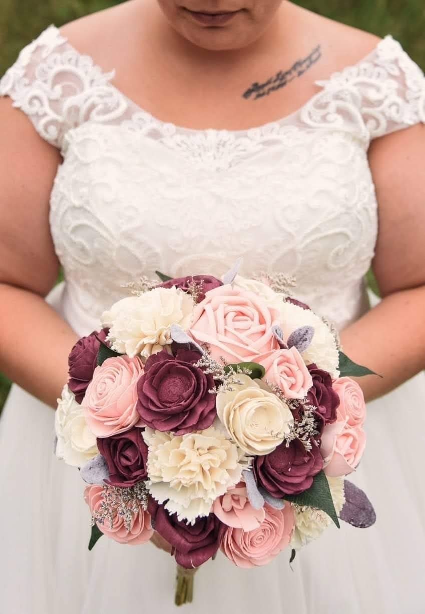 Maroon and blush wood flowers in a round bouquet style handmade by North Wood Blooms LLC a sustainable and everlasting wood flower wedding bouquet 