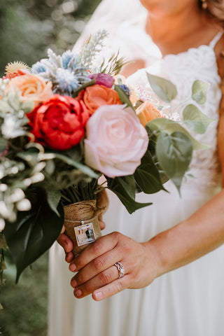 wood flower wedding bouquet in bright colors by north wood blooms llc