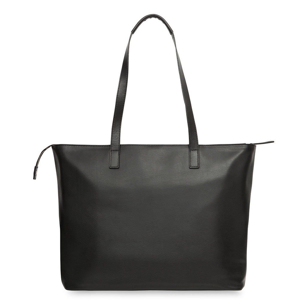 black leather laptop tote