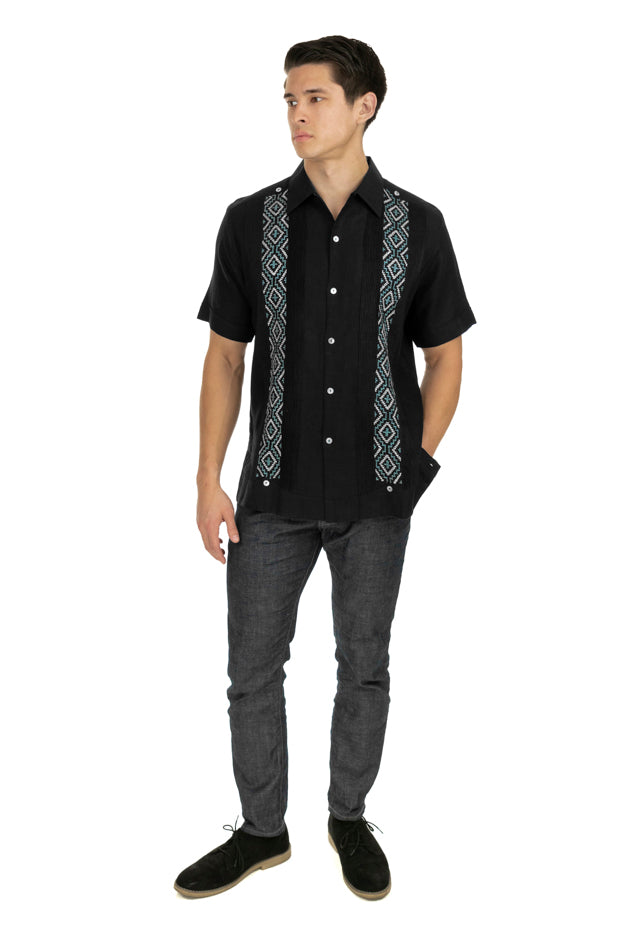 Nativa - Mens Guayabera - Black or Grey Linen with Geometric Diamond  Embroidery – nativashop