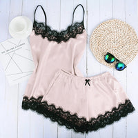 2pcs Black and Pink Lace Satin Sleepwear Set