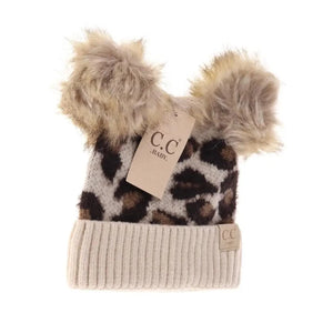 Beige Leopard Double Pom Baby Beanie - Doodlebug's & Grow Children's Boutique