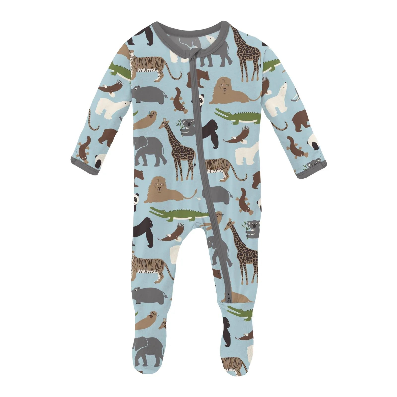 Print Footie with 2 Way Zipper in Spring Sky Zoo