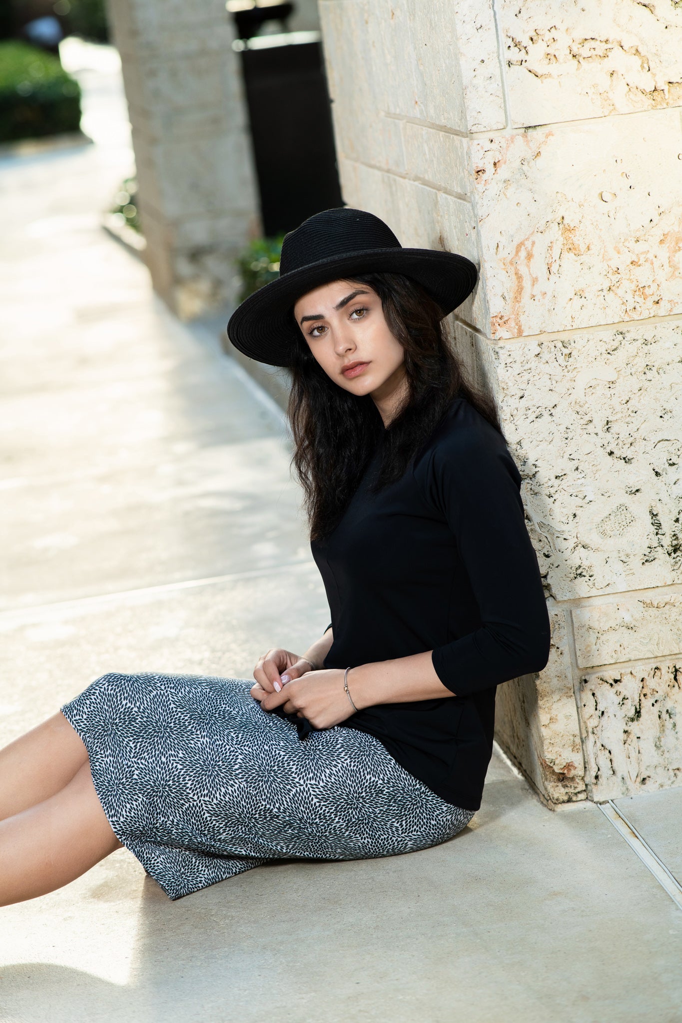 Black & White Floral Pencil Swim Skirt