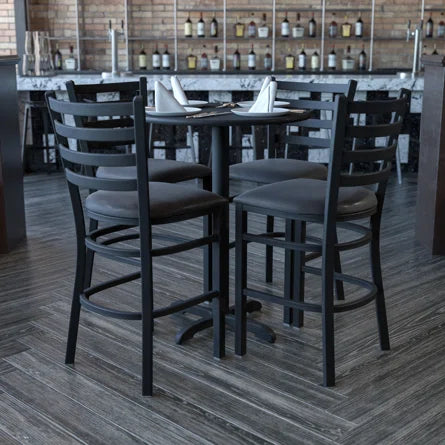 30'' Round Black Laminate Table Set with 4 Ladder Back Metal Barstools - Black Vinyl Seat - Image 5