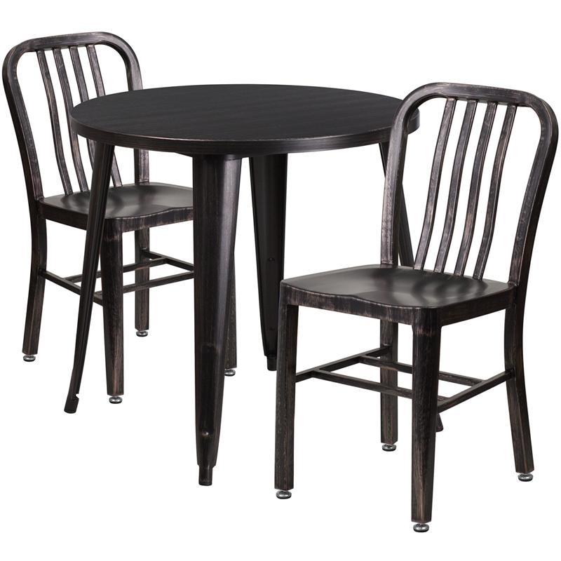 30'' Round Black-Antique Gold Metal Indoor-Outdoor Table Set with 2 Vertical Slat Back Chairs