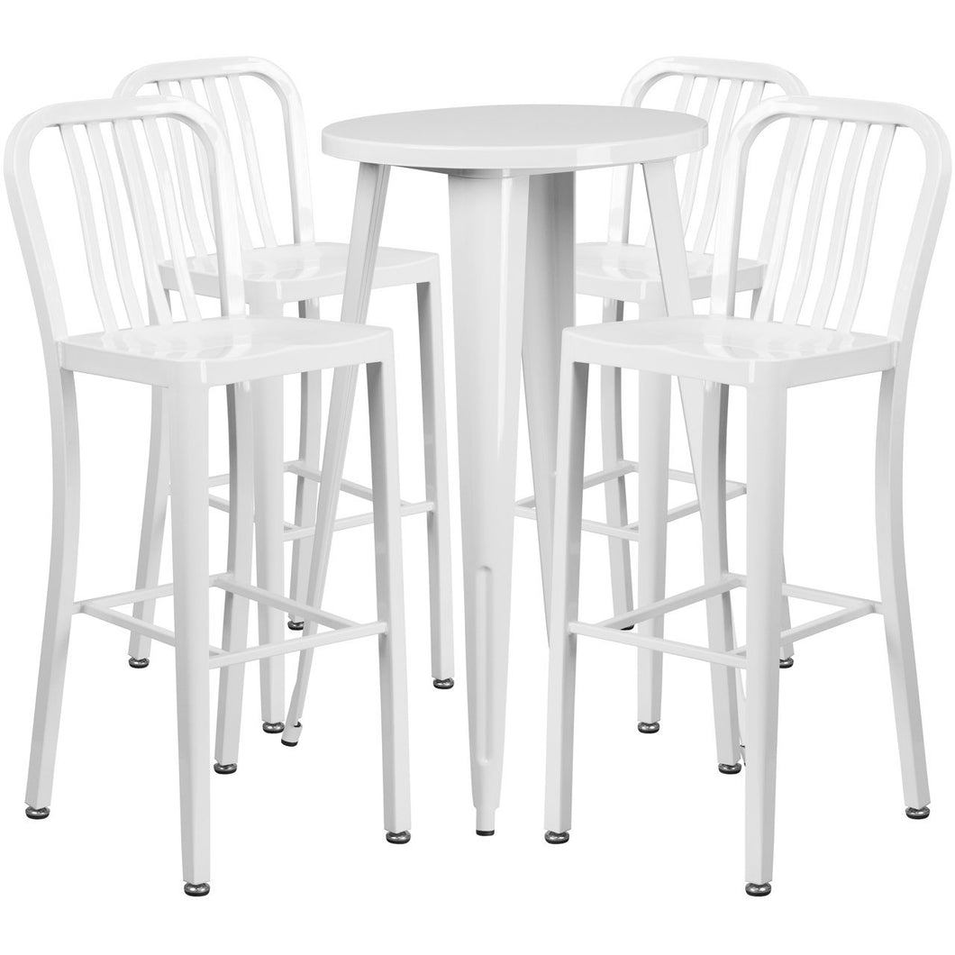 24'' Round White Metal Indoor-Outdoor Bar Table Set with 4 Vertical Slat Back Stools