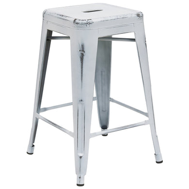 24'' High Backless Distressed White Metal Indoor-Outdoor Counter Height Stool