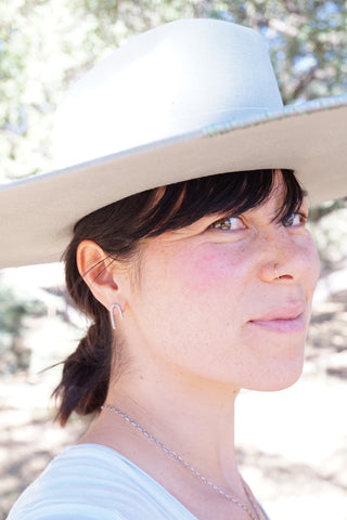 image of a woman mostly in profile wearing a wide brimmed felt hat and visible jewelry