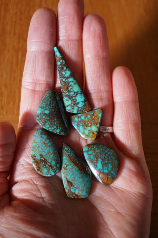 a hand holding turquoise cabochons