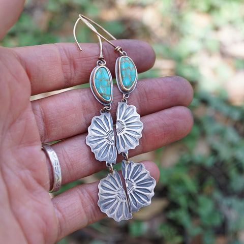 image of a hand holding a pair of dangle earrings with turquoise and silver flowers