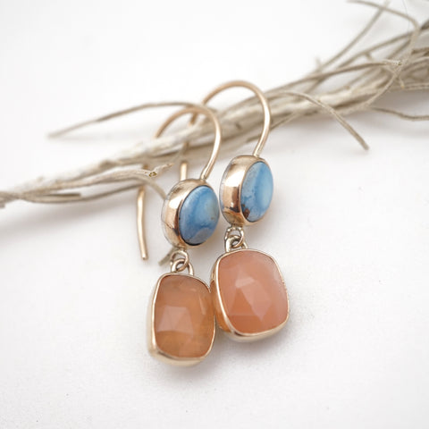 peach moonstone and lavender gold dangle earrings