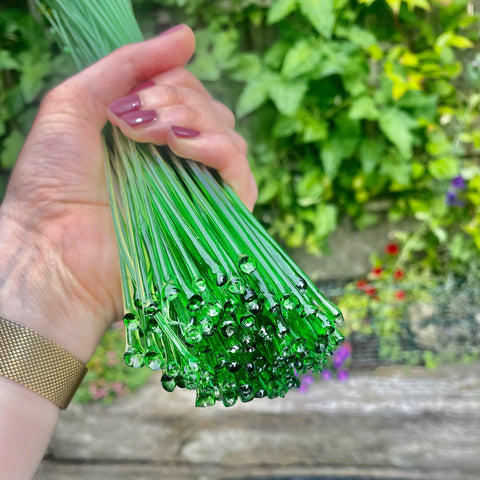 A hand holding a whole bottle of jamesons worth of green glass stringers