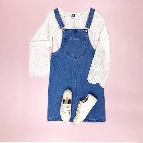 Autumn blouse broderie anglaise and dungaree dress
