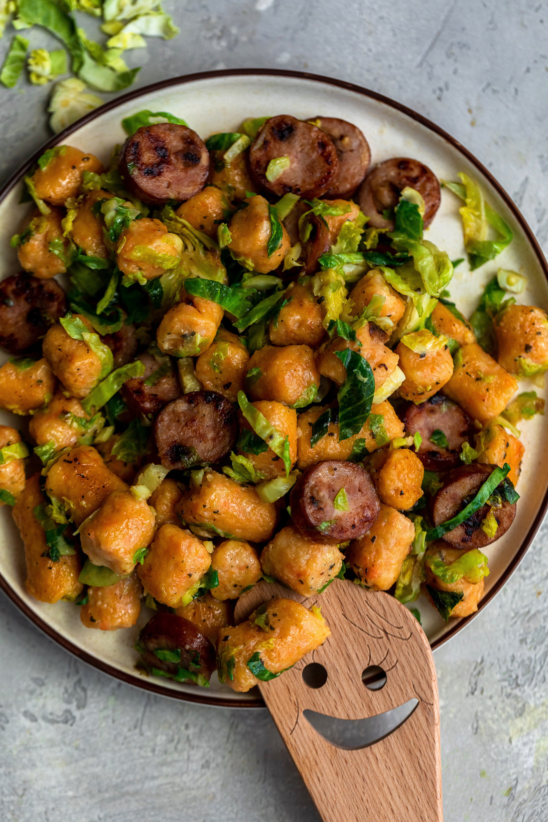 Sweet Potato Gnocchi With Shaved Brussels And Chicken Sausage Pat Cooks