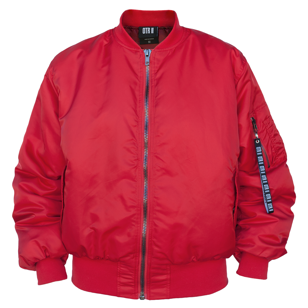 red bomber jacket with hood