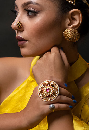 Statement Kundan Gold Polish Silver Ring