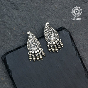 Mewad peacock earrings. Handcrafted in 92.5 sterling silver with intricate work and cute ghungroos. An ode to the glorious state of Rajasthan. 