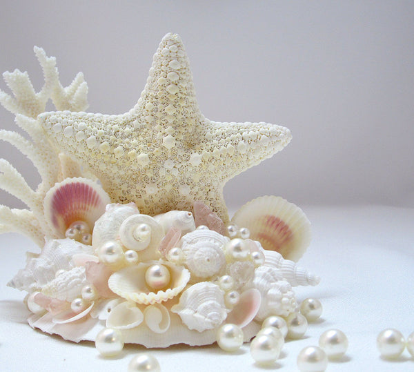 Beach Wedding Cake Topper W Seashells Sea Glass Starfish Coral Nautical Coastal Wedding Cake Topper