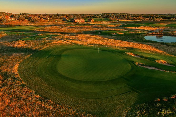 Aerial Shot of Hole #8 at Erin Hills just before sunset