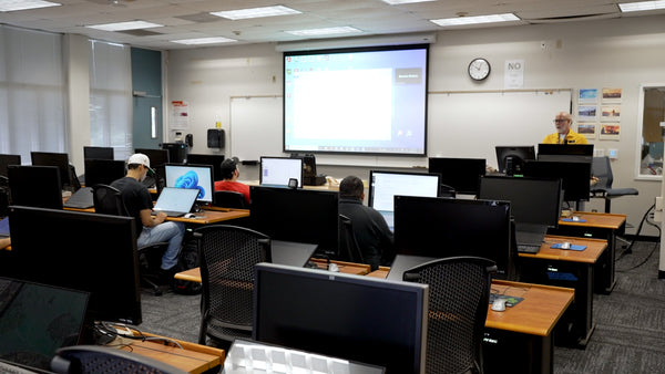 Warren Roberts teaches his GIS students in a clasroom at Rio Hondo College