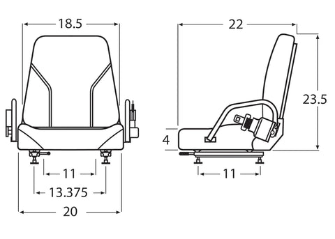 Wise Industrial WM1077 Nissan Style Fold Down Universal Seat Assembly - Line Drawing