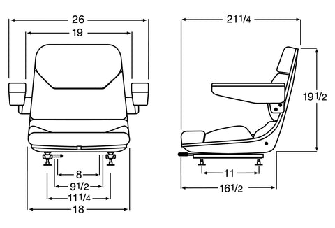 Wise Industrial WM1107 Molded Universal Pan Frame Seat Assembly w/ Arm Rests - Line Drawing