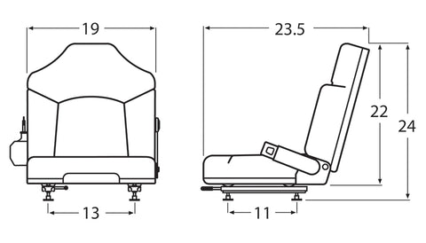 Wise Industrial WM1365 Clark Style Molded Seat Assembly w/ Retractable Belt - Line Drawing