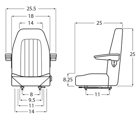 Wise Industrial WM1671 Trimline Low Back Seat w/ Arm Rests - Line Drawing