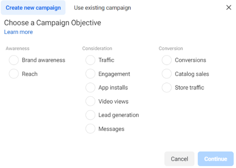 Choosing campaign objective: available options in business manager