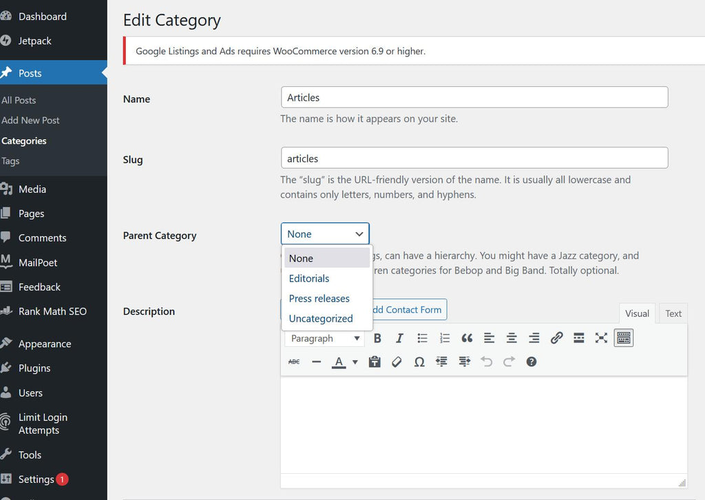 Screenshot illustrating the steps to create a set of hierarchical categories in WordPress