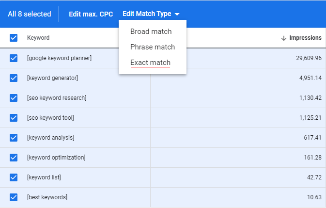 Changing match type to exact