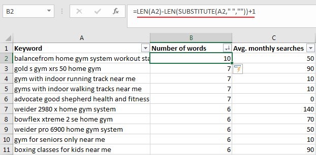 Word length of a keyword in Excel