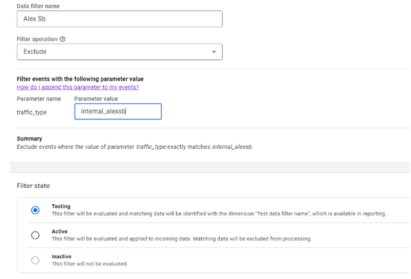 Data filter setup for Nuna Baby Google Analytics property: creating new data filter for Internal traffic type