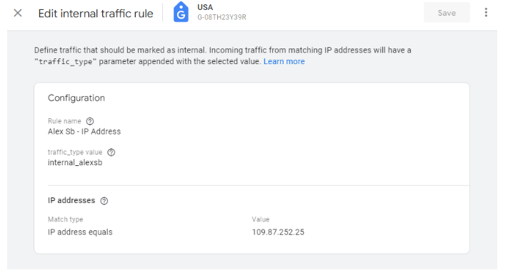 Google Analytics: Creating Nuna Baby internal traffic rule