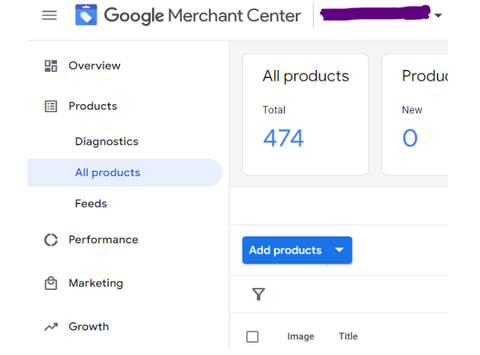 Google Merchant Center interface showing the left side menu with 'All Products' selected