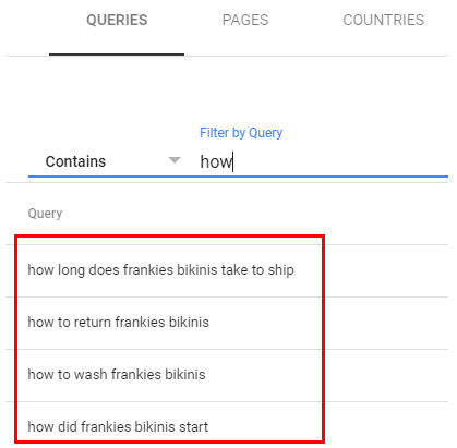 Google Search Console - question queries filtered