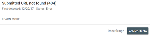 Google Search Console fix validation