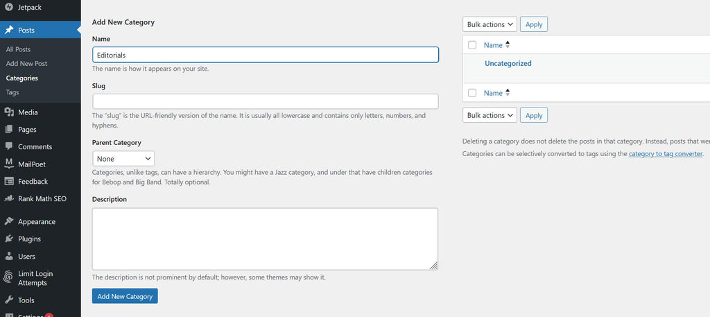 Screenshot demonstrating the process of creating a category